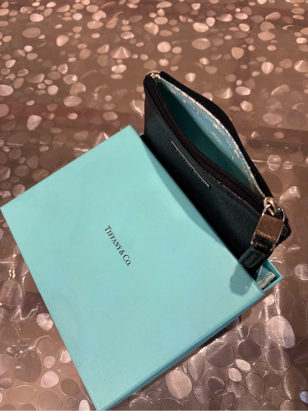 Tiffany & Co. Black Leather Zip Card Holder with Tiffany Blue Interior